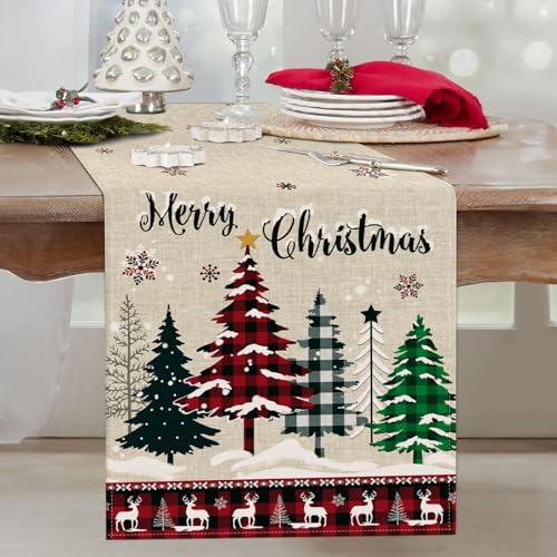 Bonhause Merry Christmas Trees Buffalo Plaid Table Runner 13x90in - Snowflake Deer Seasonal Holiday Decor