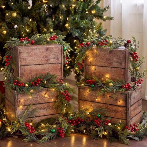 Christmas Stacking Gift Boxes with 6ft Red Berry Garland Decor Set