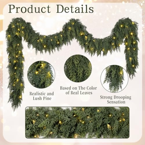9FT Prelit Cedar Garland with Lights - Green Christmas Decor, Battery Operated