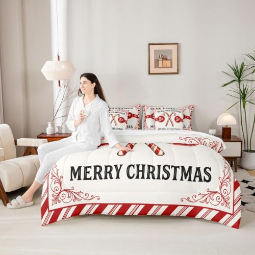 Feelyou Christmas Comforter Set with Sheets - Full Size White, 7 Pieces