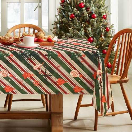 DWCN Christmas Striped Rectangular Tablecloth 70 x 108 Inch, Green Farmhouse Holiday Decor