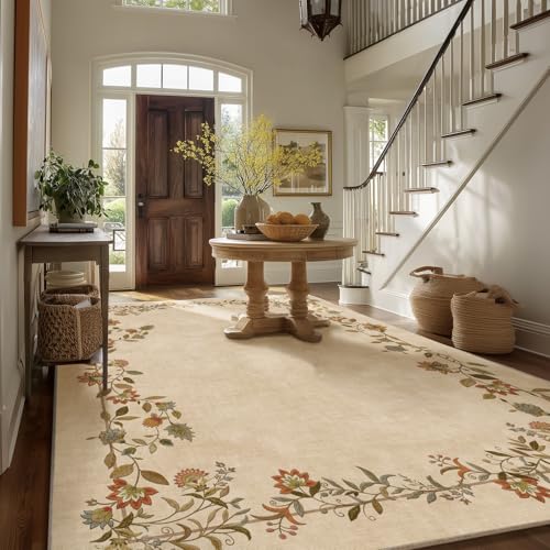 8x10 Edge Floral Cream Brown Washable Area Rug Non Slip Living Room Carpet
