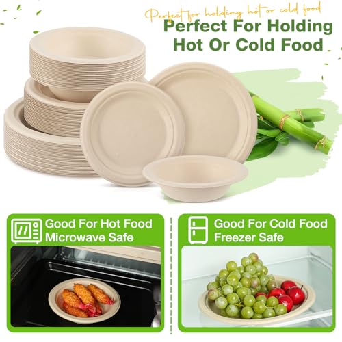 Disposable Compostable Paper Plates and Bowls Set - 7 in, 9 in, 12 oz - 150 Pack