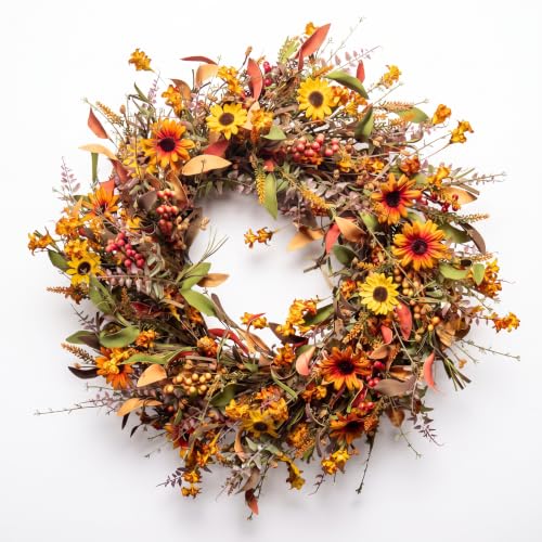 24 Inch Fall Wreath with Sunflowers Berries & Leaves - Autumn Harvest Door Decor