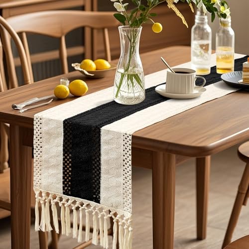 OTOSTAR Boho Table Runner 12x60 Black with Tassels Macrame Farmhouse Rustic