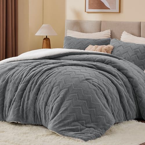 BEDELITE Fluffy Sherpa Queen Comforter Set - Grey, Embossed Floral Design