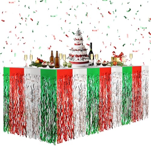 Watch Me Fly 2 Pack Holiday Table Skirts - Red, Green & Silver Metallic Fringe, 30x108 Inches