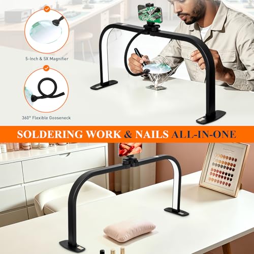 KUVRS Half Moon Nail Light Desk Lamp with 5X Magnifier & Phone Holder - Black