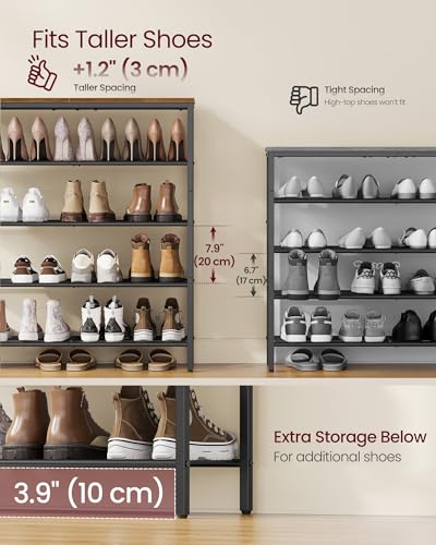 VASAGLE 5-Tier Shoe Rack - Rustic Brown Metal Mesh Organizer for 18-24 Pairs, Adjustable Shelves