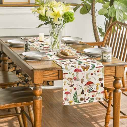 Artoid Mode Beige Modern Mushroom Table Runner, Seasonal Botanic Farmhouse Kitchen Dining Table Decoration for Home Party Decor 13x72 Inch