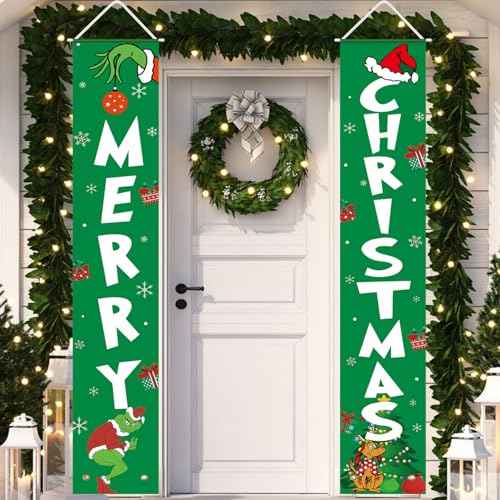 Christmas Decorations MERRY CHRISTMAS Green Banner Xmas Porch Door Sign Welcome Banner Decor for Indoor Outdoor Wall Home