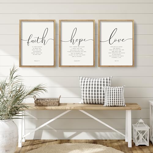 16x24 Inch Framed Religious Wall Art Set - Faith Hope Love Bible Verses Farmhouse Decor Brown Variation