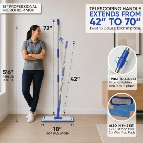 Pro Microfiber Hardwood Floor Mop Kit with Telescoping Handle & 3 Washable Pads