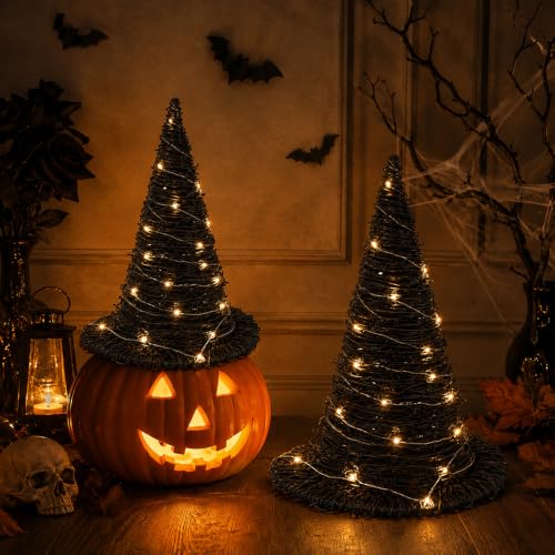 2Pcs Halloween Rattan Witch Hat Table Decor with String Lights - Party Centerpieces