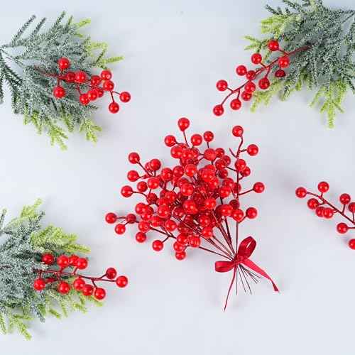 Artificial Red Berry Picks, Holiday Christmas Winter Decorative Stems, 24 Pieces