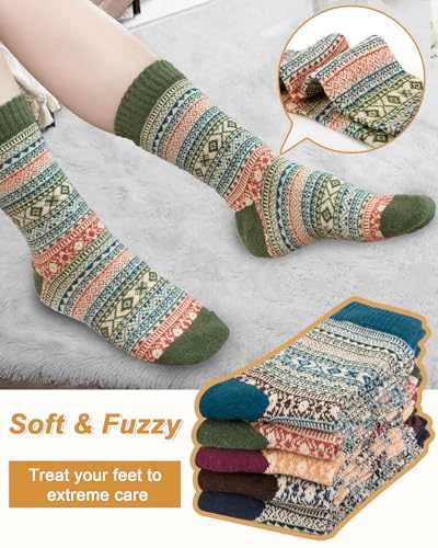 Senker Fashion Wool Socks for Women - 5 Pairs Winter Warm Crew Boot Socks, One Size, Blue Dark Blue Brown Red Green