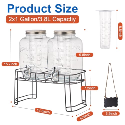 2 Gallon Glass Drink Dispenser Set with Stand & Fruit Infuser - Leakproof Spigot