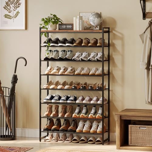 Rustic Brown and Black 8-Tier Shoe Rack Organizer for 32-40 Pairs - Tall Metal Storage Shelf with Wood Top, Adjustable Boot Space, Narrow Entryway Closet