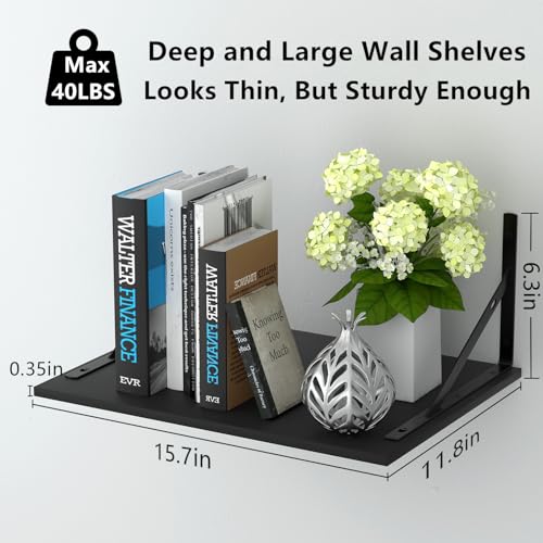 Housiture Black Floating Wall Shelves Set of 4 - 12 Inch Deep, Easy Install for Bathroom, Bedroom, Kitchen, Living Room