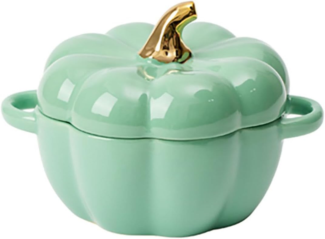 Pumpkin | 14 Oz Ceramic Ramekin Set with Lid & Handle - Oven Safe Stoneware for Baking (Green)