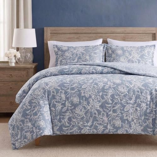 Queen Size Cotton Comforter Set with Matching Shams - Reversible Floral & Basketweave Design, Tortola Blue
