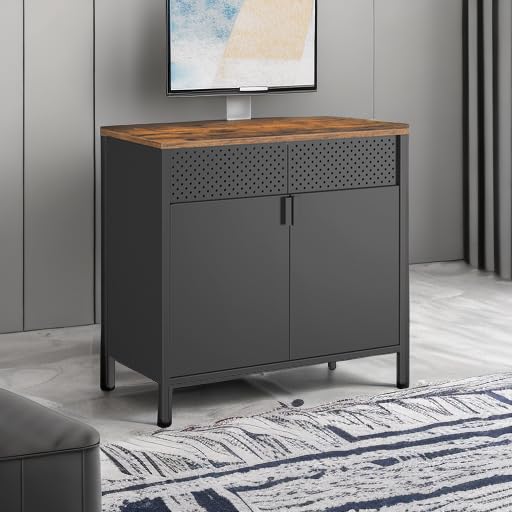 SONGMICS Storage Cabinet Sideboard Rustic Brown & Black 31.5" W Adjustable Shelves