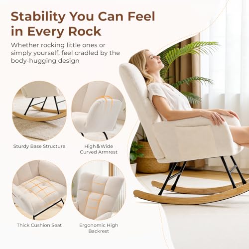 DUMOS Beige Nursery Rocking Chair with High Backrest & Padded Seat - Small Space Glider for Living Room & Bedroom, 1 Pack