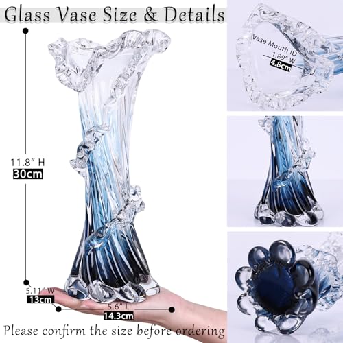 Oiruim Large Hand Blown Blue Glass Vase Ocean Wave Design - Coastal Home Decor