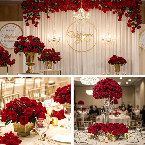 Artificial Red Roses Flowers Set - 60 Pcs Silk & Velvet Faux Flowers for Decor - Variation of 60 Red