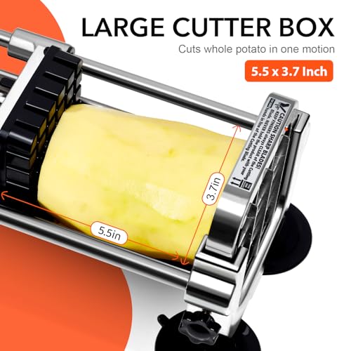 French Fry Cutter - Stainless Steel Potato Slicer with 1/4, 3/8 & 1/2 Inch Blades - Manual Vegetable Cutter with Interchangeable Blades