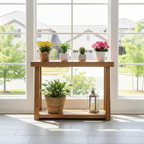 Pecan Wooden Console Table with Shelf - 46 Inch Classic Entryway & Living Room Accent
