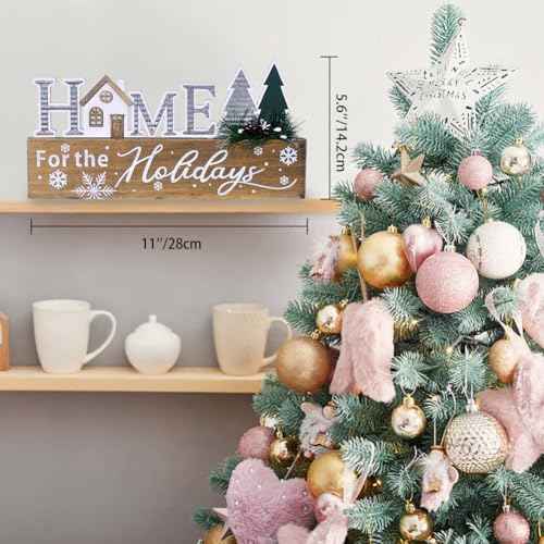 Wooden Christmas Sign Blocks, HOME for the Holiday Quote Table Decor, Xmas Centerpiece Block Sign with Snowflake & Pine Tree, Office Desk Mantle Decoration (BROWN)