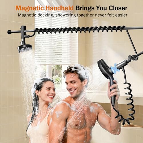 Black Dual Shower Head with Magnetic Handheld & 10 Modes - Double Shower System