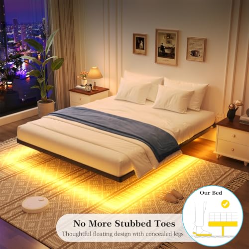 Queen Size Floating Bed Frame with Smart LED Lights - Modern Suspended Design