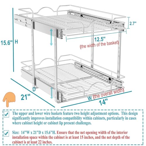 2-Tier Pull Out Cabinet Organizer for Kitchen & Bathroom, 14x21 inches, Chrome Finish