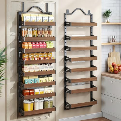 8-Tier Over-the-Door Pantry Organizer with Wooden Baskets - Black, 72.6 x 17.1 inches, Adjustable Shelves