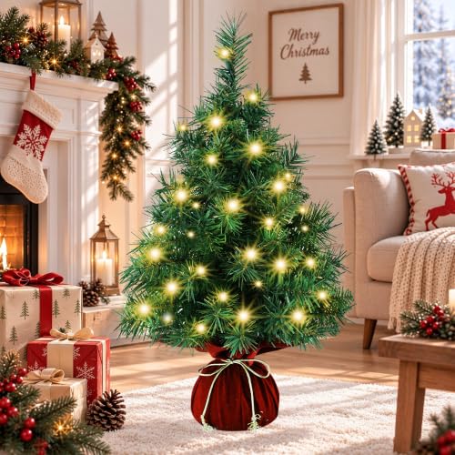 22 Inch Pre-Lit Artificial Christmas Tree with Warm White LEDs, Lush Branches & Red Velvet Base