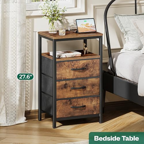 Huuger Nightstand with Charging Station - Rustic Brown, 3 Drawers, 27.6 Inch Tall Side Table with Outlets & Storage