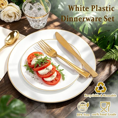 50 Guests Round Gold Disposable Dinnerware Set - Plates, Cups, Silverware & Napkins