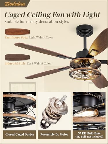 Fanbulous Black 52 Inch Farmhouse Ceiling Fan with Light & Remote – Reversible 6-Speed Industrial Flush Mount with Dual Finish 5 Blades