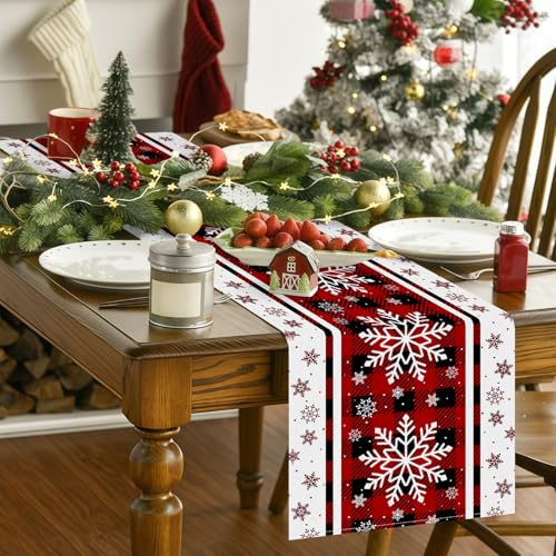 Pedenty Red Buffalo Plaid Christmas Table Runner with White Snowflakes, 72 x 13 in (Variation: Red Snowflake)
