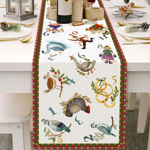 12 Days of Christmas Table Runner - Holiday Xmas Decor with Golden Rings & Doves