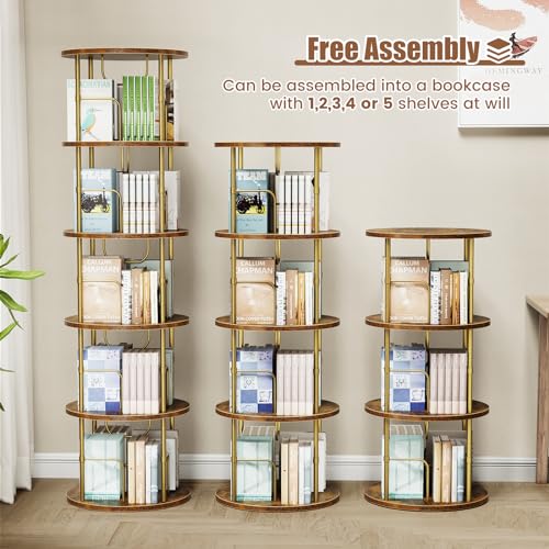 Round 5-Tier Rotating Bookshelf - Gold, Narrow Space-Saving Spinning Bookcase