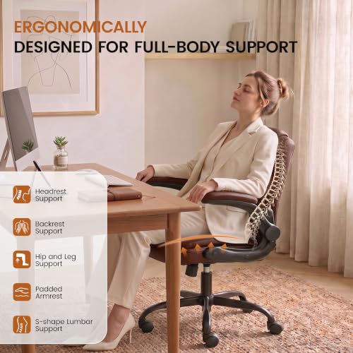 Stella Mia Dark Brown Office Desk Chair with Flip-Up Arms, Ergonomic Support