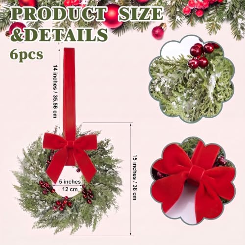 6 Pack 15-Inch Mini Christmas Wreaths for Kitchen Cabinets with Red Bows