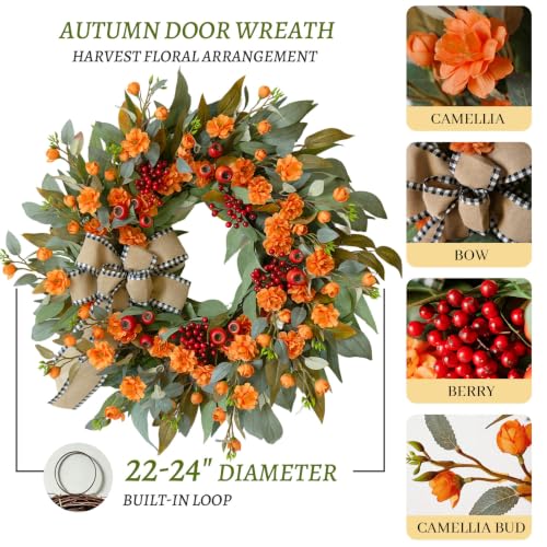 Autumn Leaf Wreaths - 24 Inch Fall Door Wreath with Berries & Bow - Harvest Decor