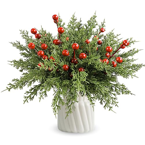 60Pcs Christmas Decorations-11.8'' Artificial Pine Branches with 7.9'' Red Berry Stems, Christmas Decor Faux Pine Greenery Stems, Christmas Tree Decorations & Christmas Picks for Indoor Outdoor