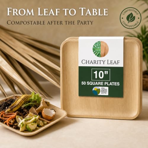 Charity Leaf 50-Pack 10-Inch Square Compostable Bamboo Dinner Plates - Heavy Duty, Eco-Friendly, Disposable for Parties & Events