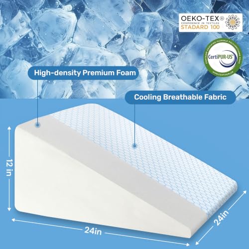 Bed Wedge Pillow 24x24x12 Inch - Cooling Support for Acid Reflux & Snoring - Blue - Multi-Purpose Relief