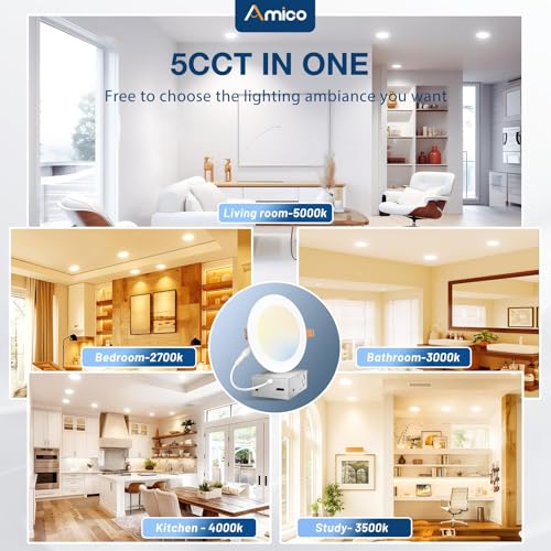 Amico 6 Pack 5 Inch Ultra-Thin LED Recessed Ceiling Lights - Dimmable, 5 Color Temp